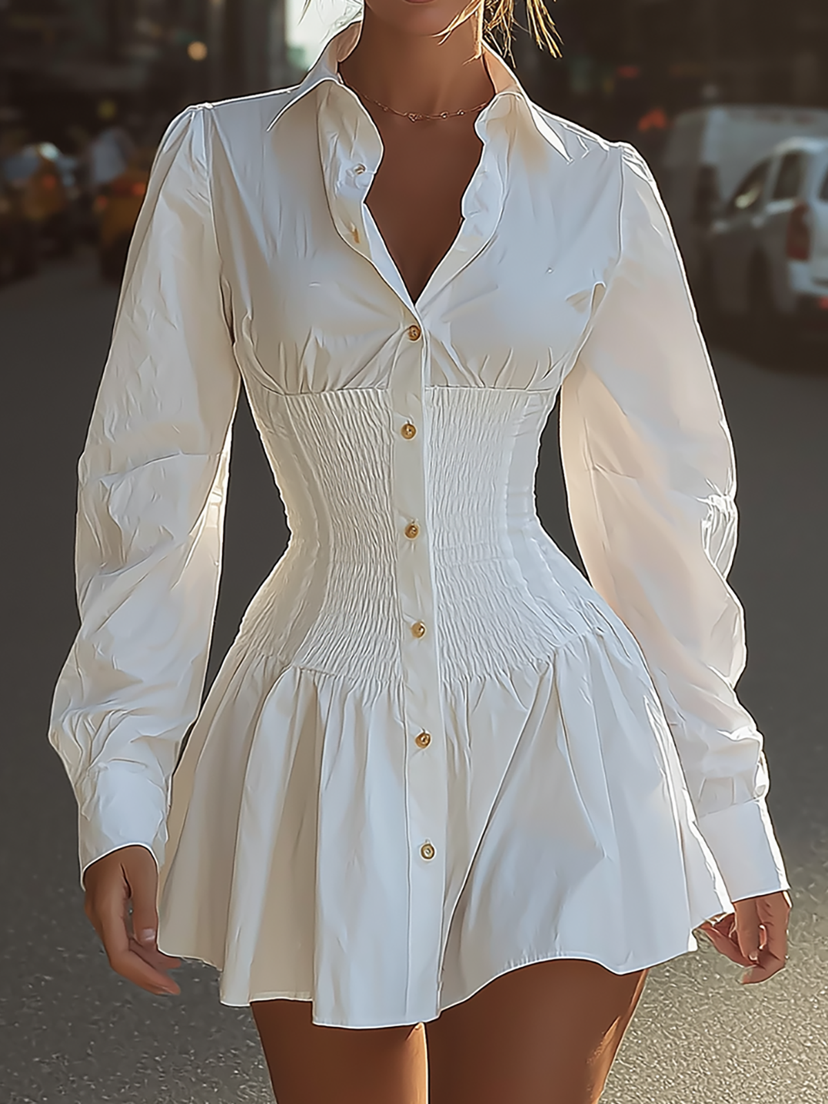 Smocked Waist Long Sleeve Shirt Mini Dress