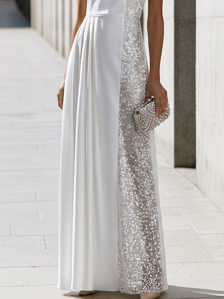 Sleeveless Sequin Side Panel Pleated Evening Gown