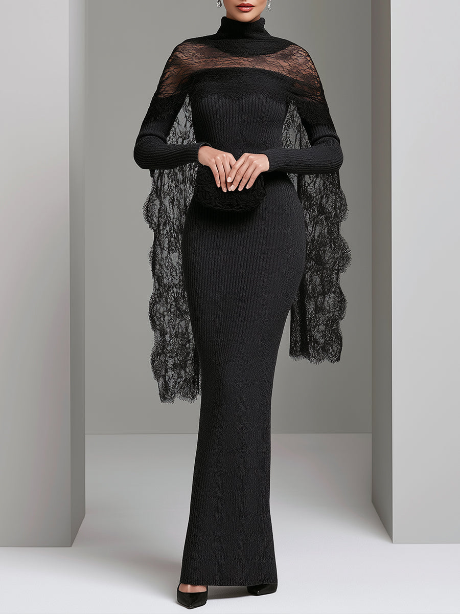 Lace Cape Ribbed Knit Maxi Dress