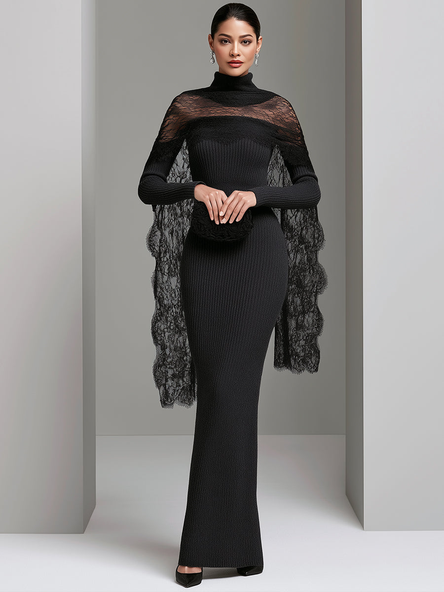 Lace Cape Ribbed Knit Maxi Dress