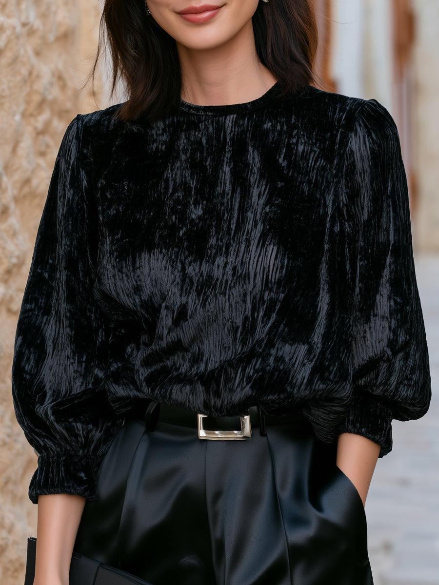 Crushed Velvet Puff-Sleeve Blouse