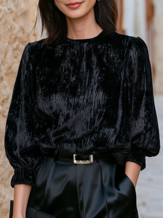 Crushed Velvet Puff-Sleeve Blouse