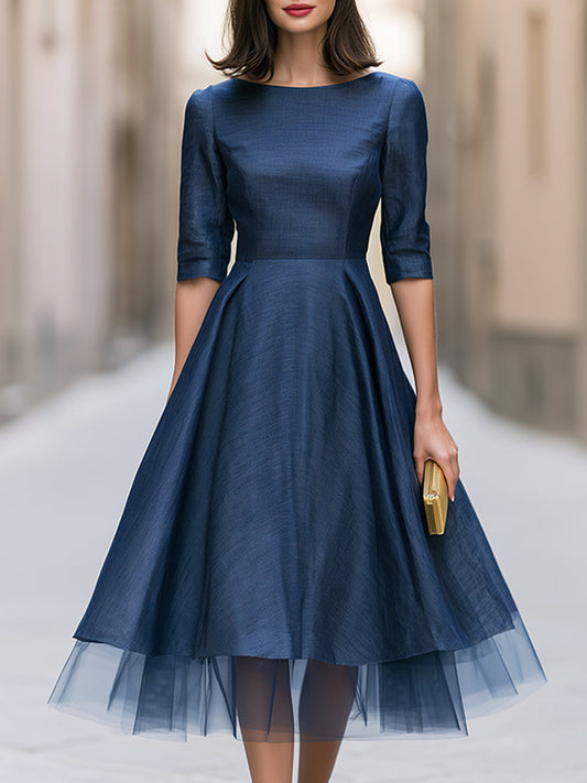 Tulle Hem Bateau Neck A-Line Midi Dress