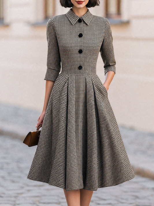 Houndstooth Collared 3/4 Sleeve Button Front A-Line Midi Dress