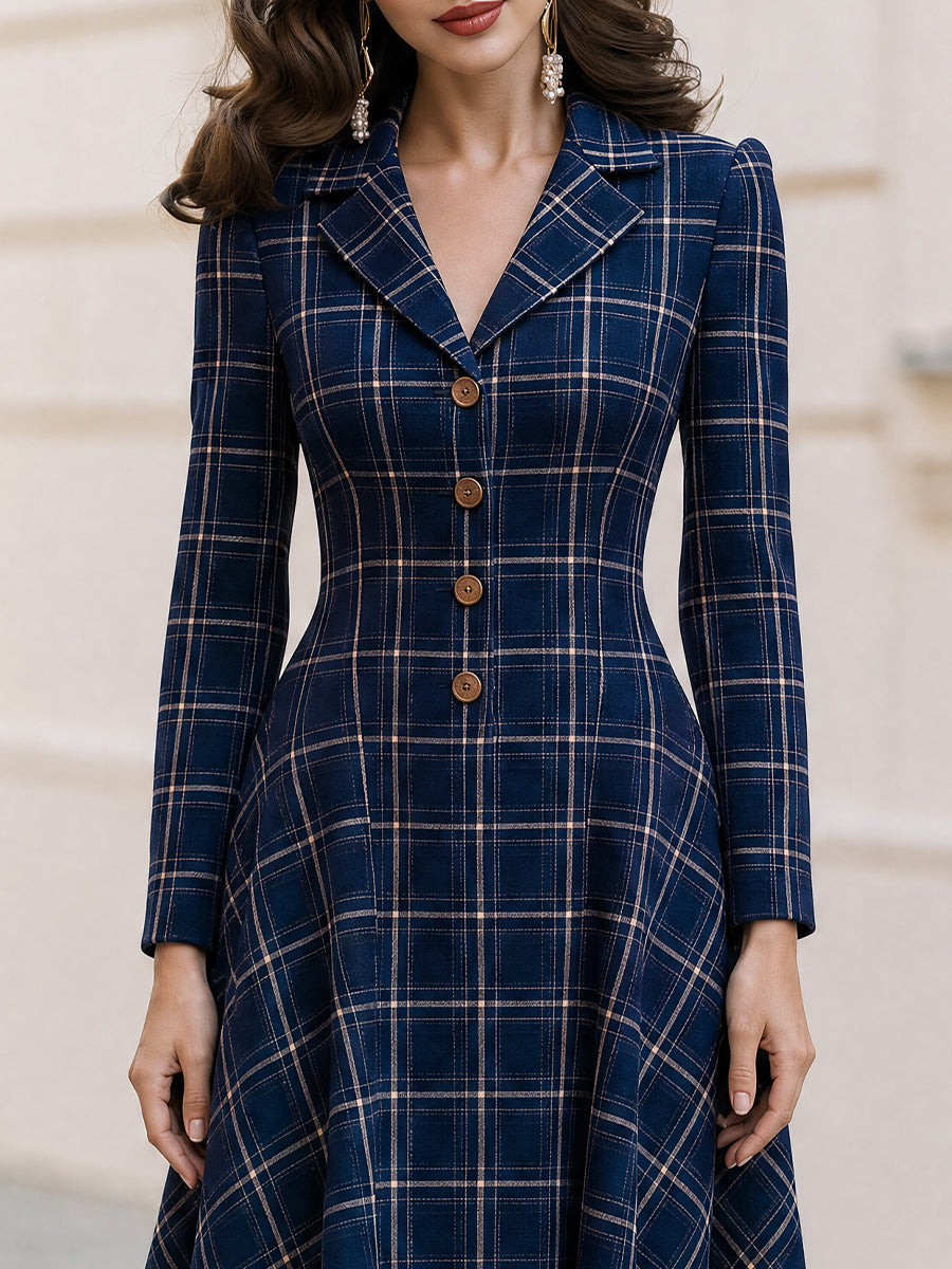 Notched Lapel Plaid Long Sleeve Button Front Fit & Flare Midi Dress