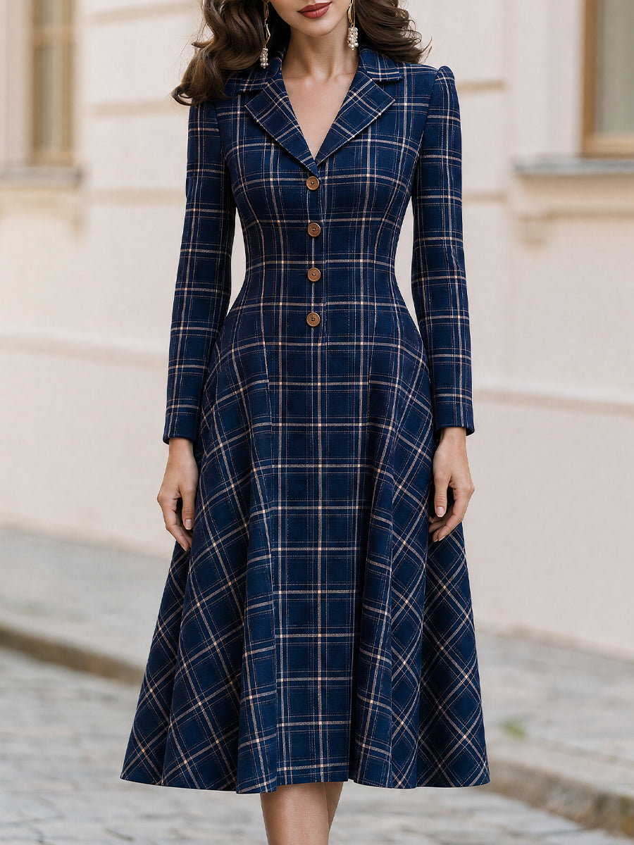 Notched Lapel Plaid Long Sleeve Button Front Fit & Flare Midi Dress