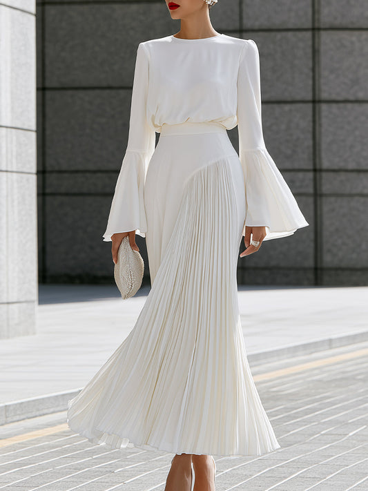 Bell-Sleeve Blouse And Pleated Maxi Skirt Set
