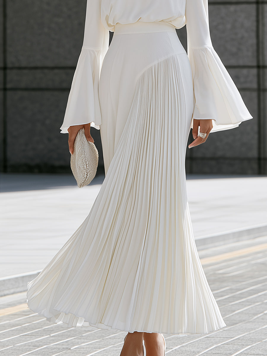 Bell-Sleeve Blouse And Pleated Maxi Skirt Set