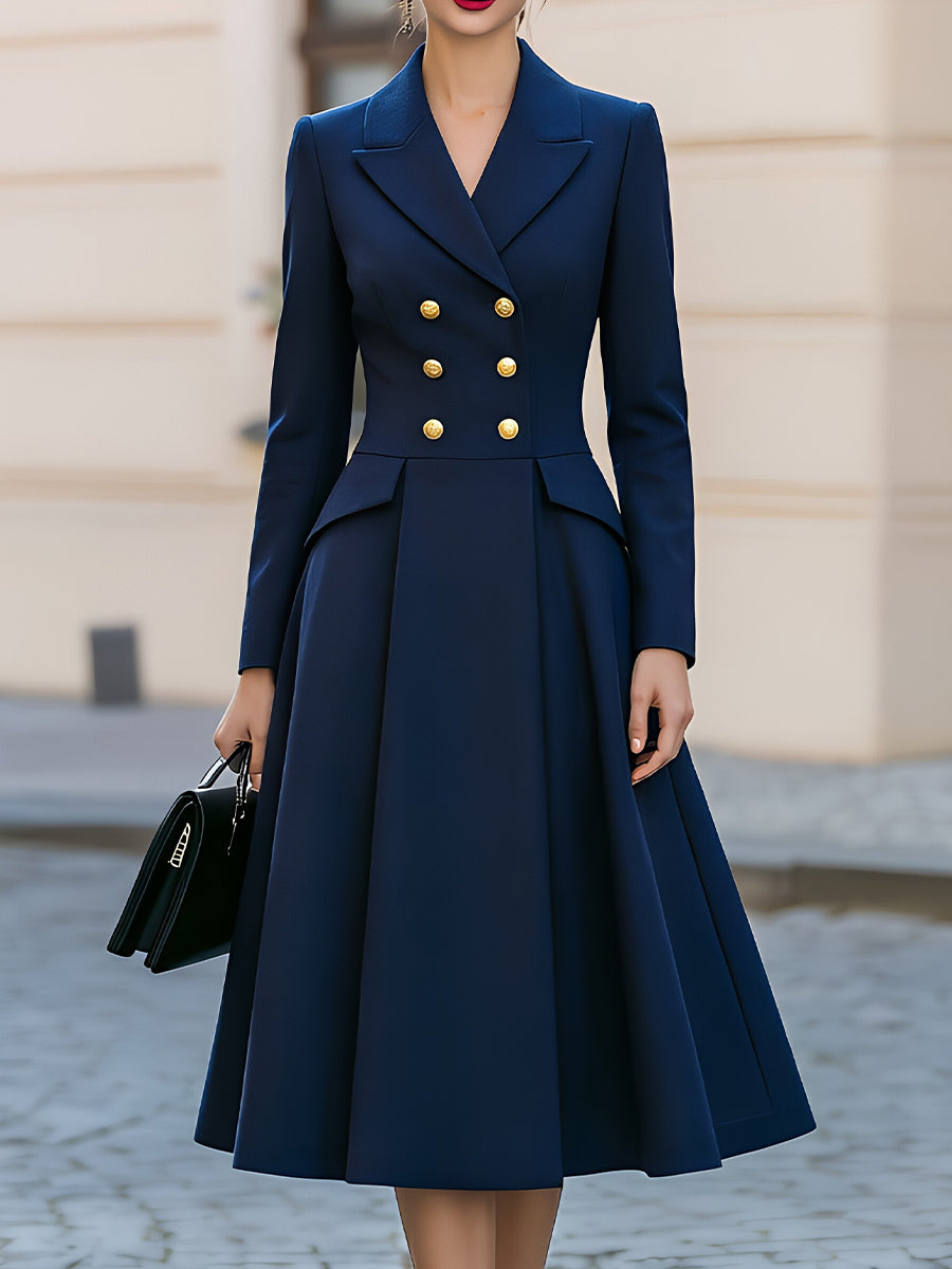 Notched Lapel Double Breasted Gold Button Peplum Flared Midi Dress
