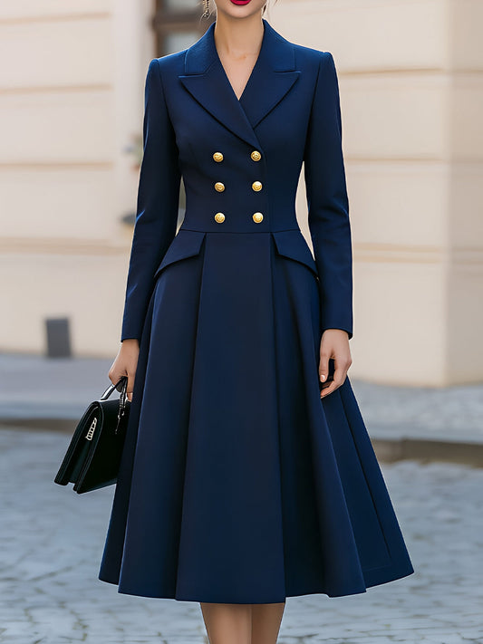 Notched Lapel Double Breasted Gold Button Peplum Flared Midi Dress