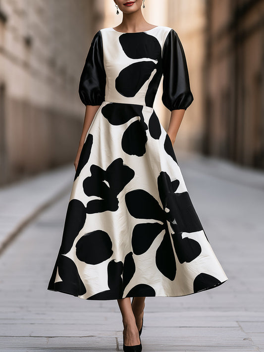 Black And Ivory Abstract Floral Puff Sleeve Maxi Dress