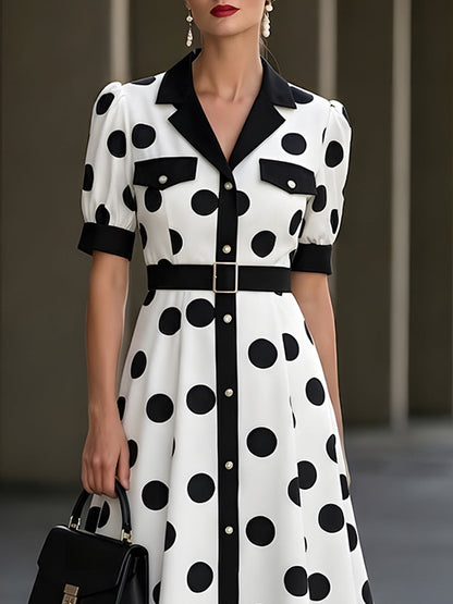 Black And White Polka Dot Shirt Dress (Mid-Length)