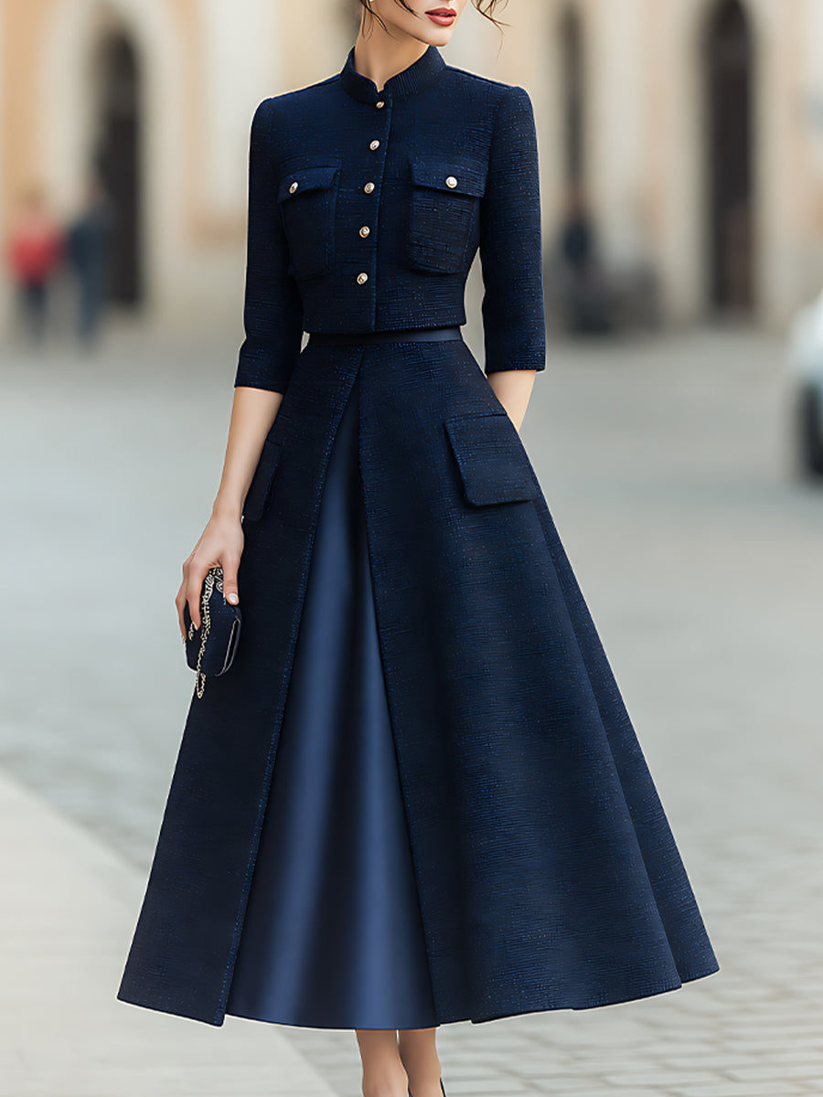 Couture-Inspired Cropped Jacket And Silk-Panel Maxi Skirt Set