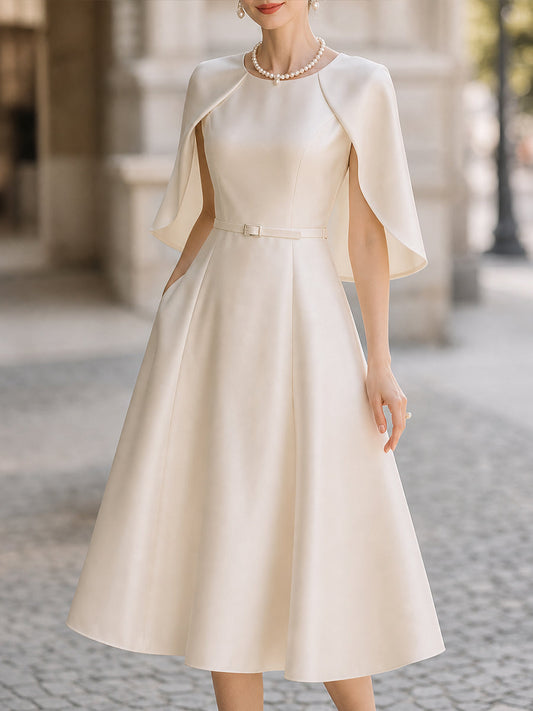 Elegant Satin Cape-Sleeve A-Line Midi Dress