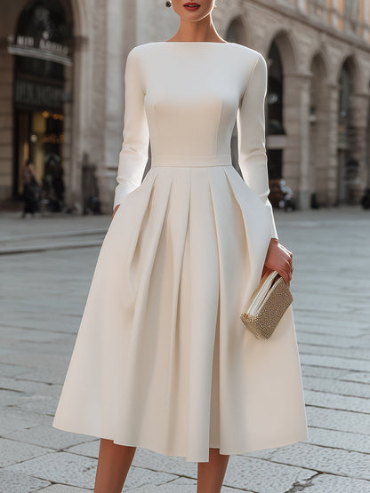 Boat Neck Pleated A-Line Midi Dress