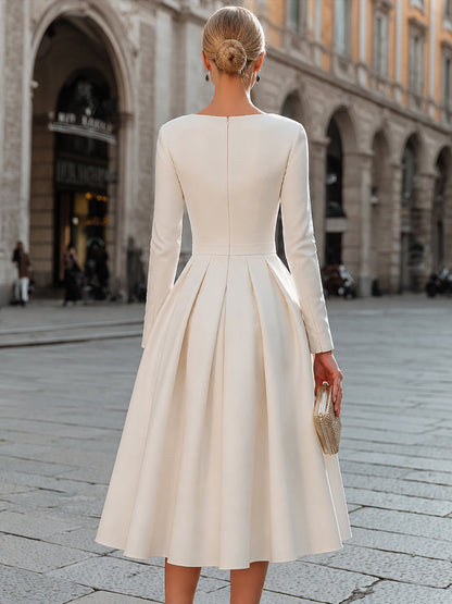 Boat Neck Pleated A-Line Midi Dress