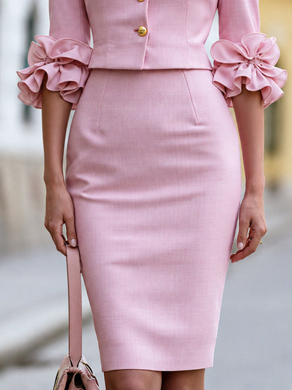 Elegant Ruffle Sleeve Blazer And Pencil Skirt Set