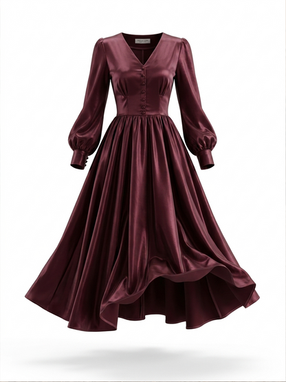 Vintage Elegant Shiny Waist-Cinched Lantern Sleeve Midi Dress