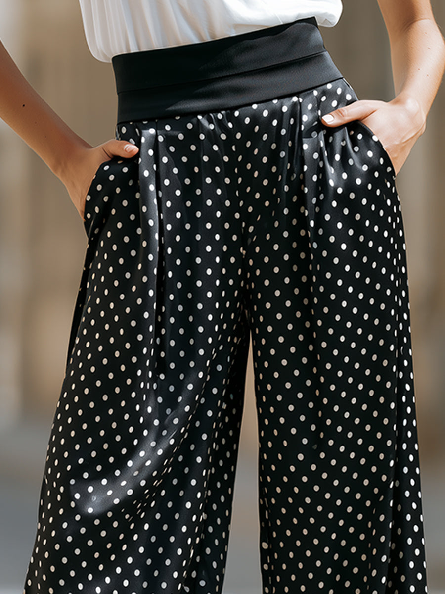 Elegant Polka Dot Satin Wide-Leg Pants