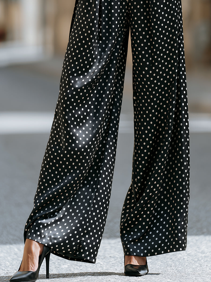Elegant Polka Dot Satin Wide-Leg Pants