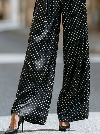 Elegant Polka Dot Satin Wide-Leg Pants