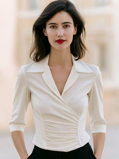 White Ruched Wrap Tailored Collar Front Blouse