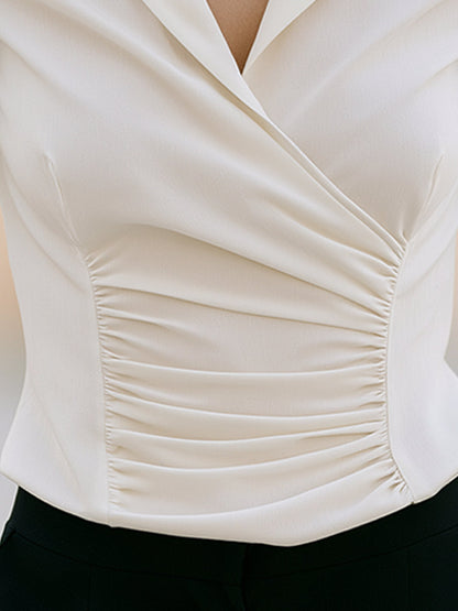 White Ruched Wrap Tailored Collar Front Blouse