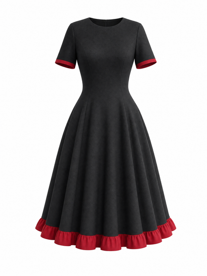 Vintage Elegant Fit-and-Flare Red Ruffle Trim Midi Dress