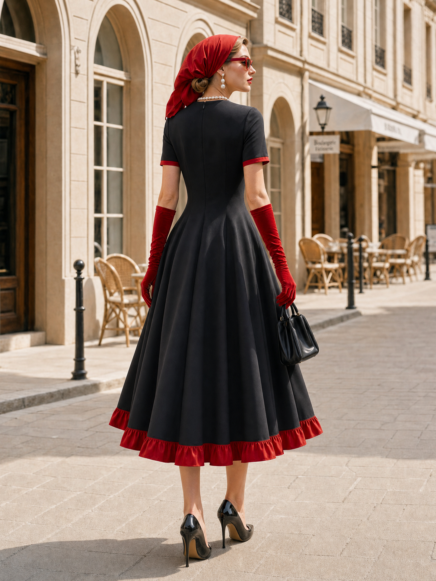 Vintage Elegant Fit-and-Flare Red Ruffle Trim Midi Dress