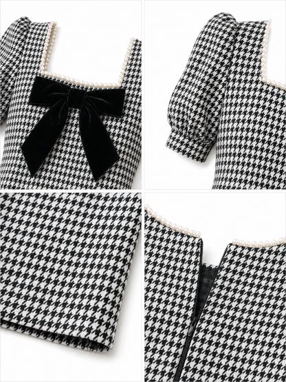 Vintage Houndstooth Pearl Trim Bow Bodycon Midi Dress