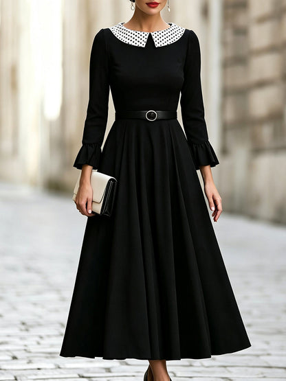 Elegant Polka Dot Collar A-Line Midi Dress