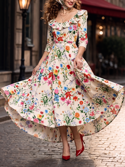 Vintage Ruffle Collar Floral Print Midi Dress