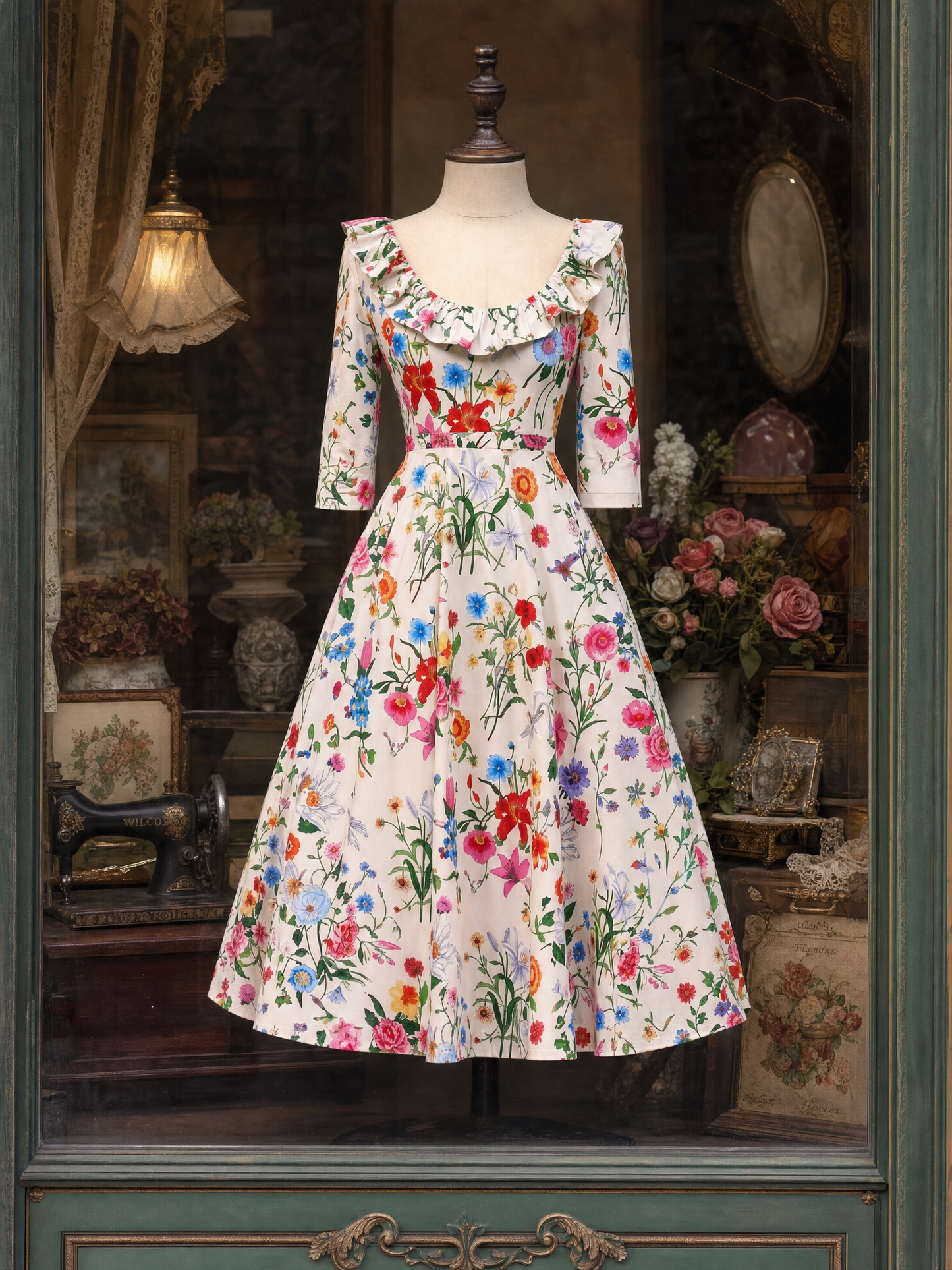 Vintage Ruffle Collar Floral Print Midi Dress