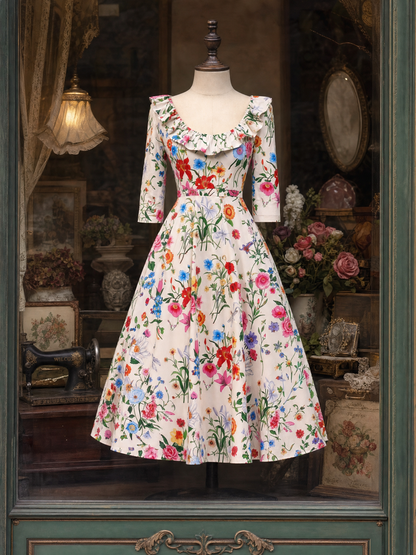 Vintage Ruffle Collar Floral Print Midi Dress