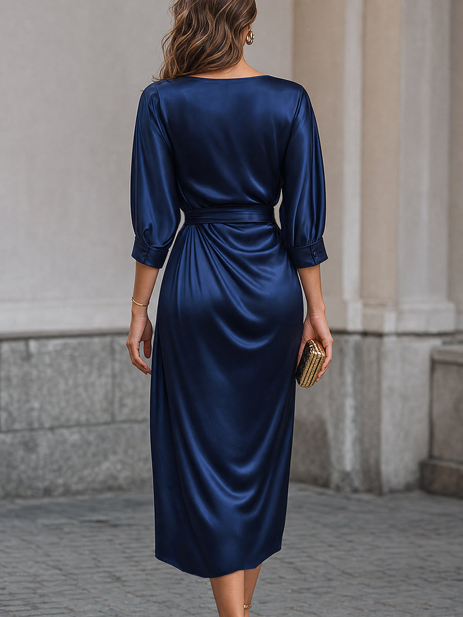 Elegant Draped Satin Gold Buckle Midi Dress