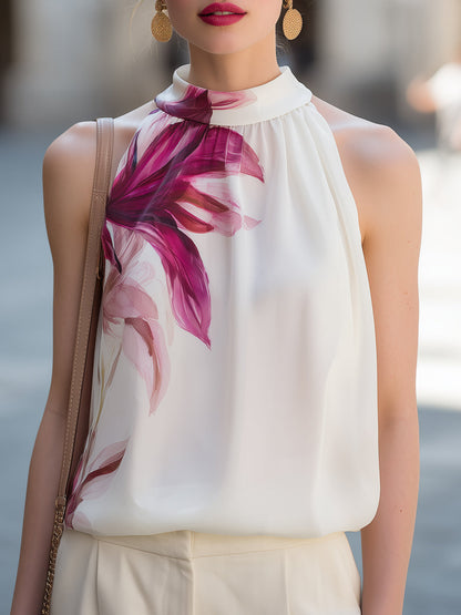 Floral Print High-Neck Halter Sleeveless Top