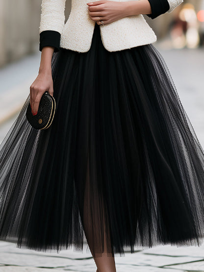 Contrast-Trim Blazer And Sheer Full Midi Skirt Set