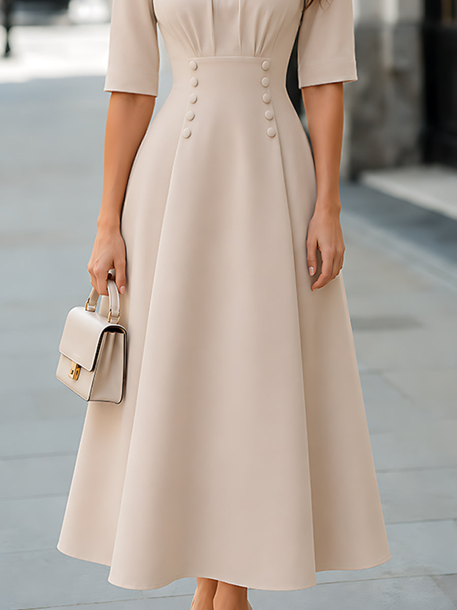 High-Neck Button-Detail A-Line Maxi Dress