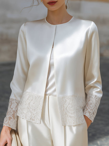 Elegant Lace-Trim Satin Open-Front Jacket