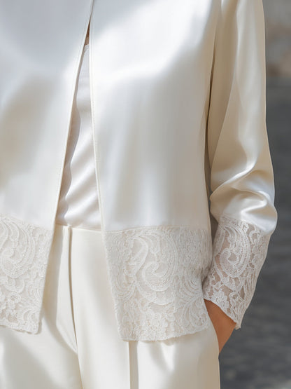Elegant Lace-Trim Satin Open-Front Jacket