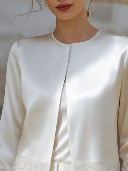 Elegant Lace-Trim Satin Open-Front Jacket