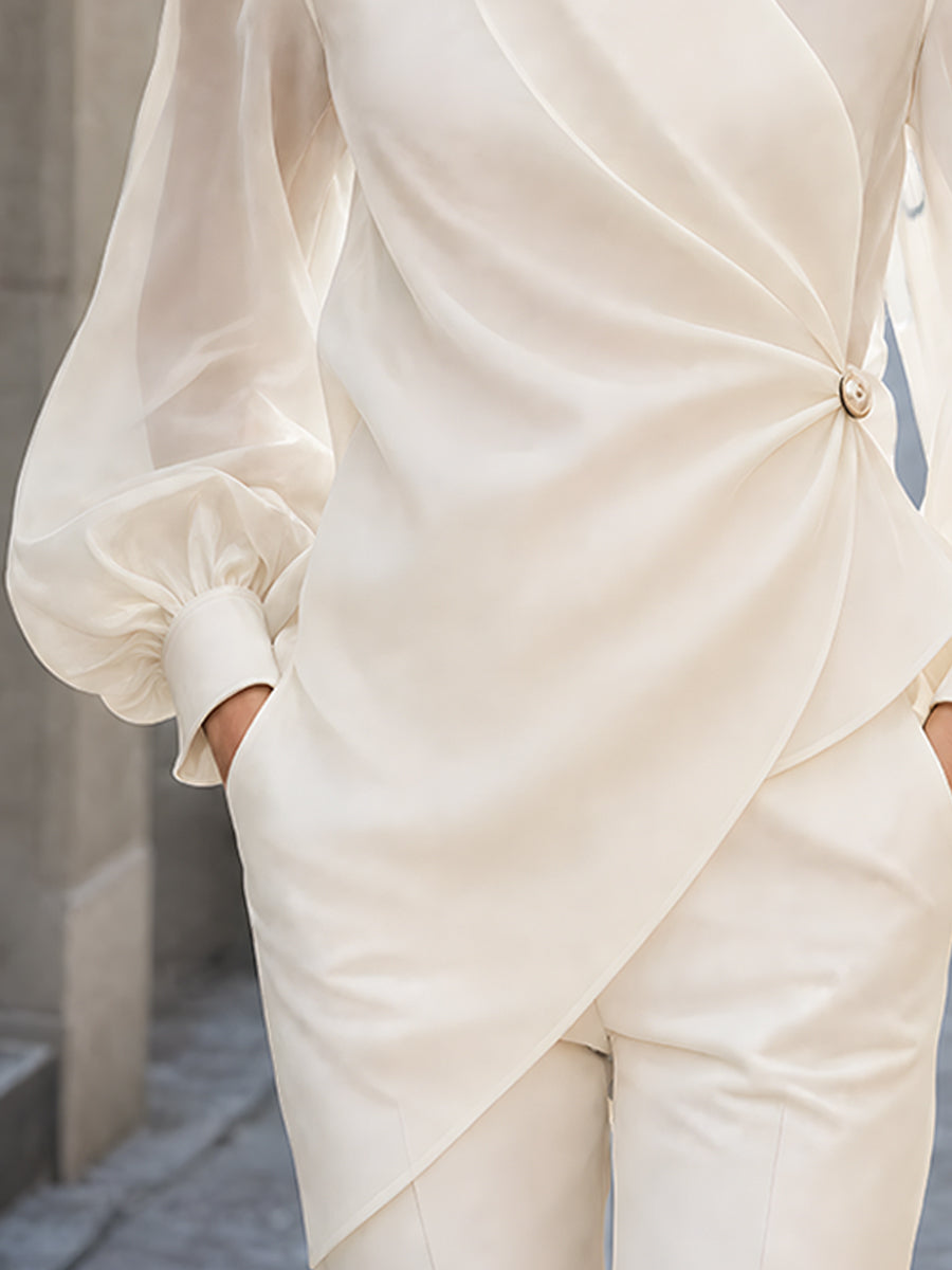 Ivory Sheer Sleeve Wrap Front Mandarin Collar Blouse