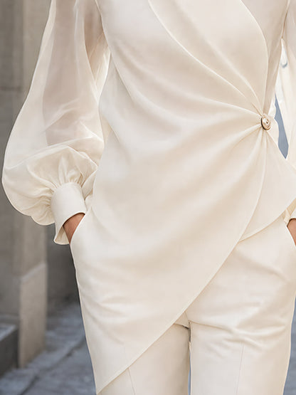 Ivory Sheer Sleeve Wrap Front Mandarin Collar Blouse