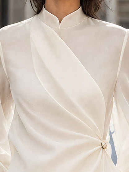 Ivory Sheer Sleeve Wrap Front Mandarin Collar Blouse