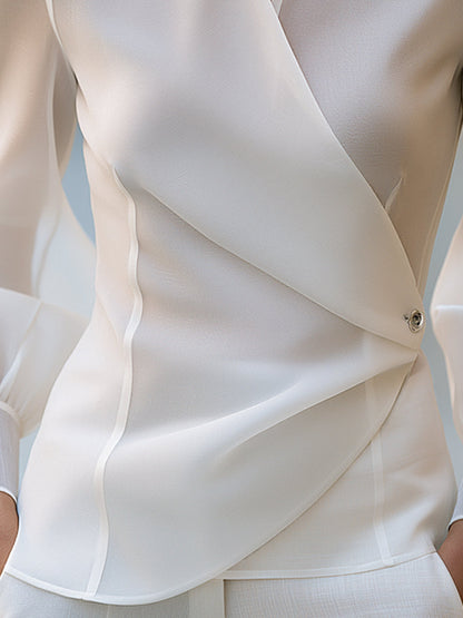 Mandarin Collar Wrap Front Sheer Sleeve Blouse