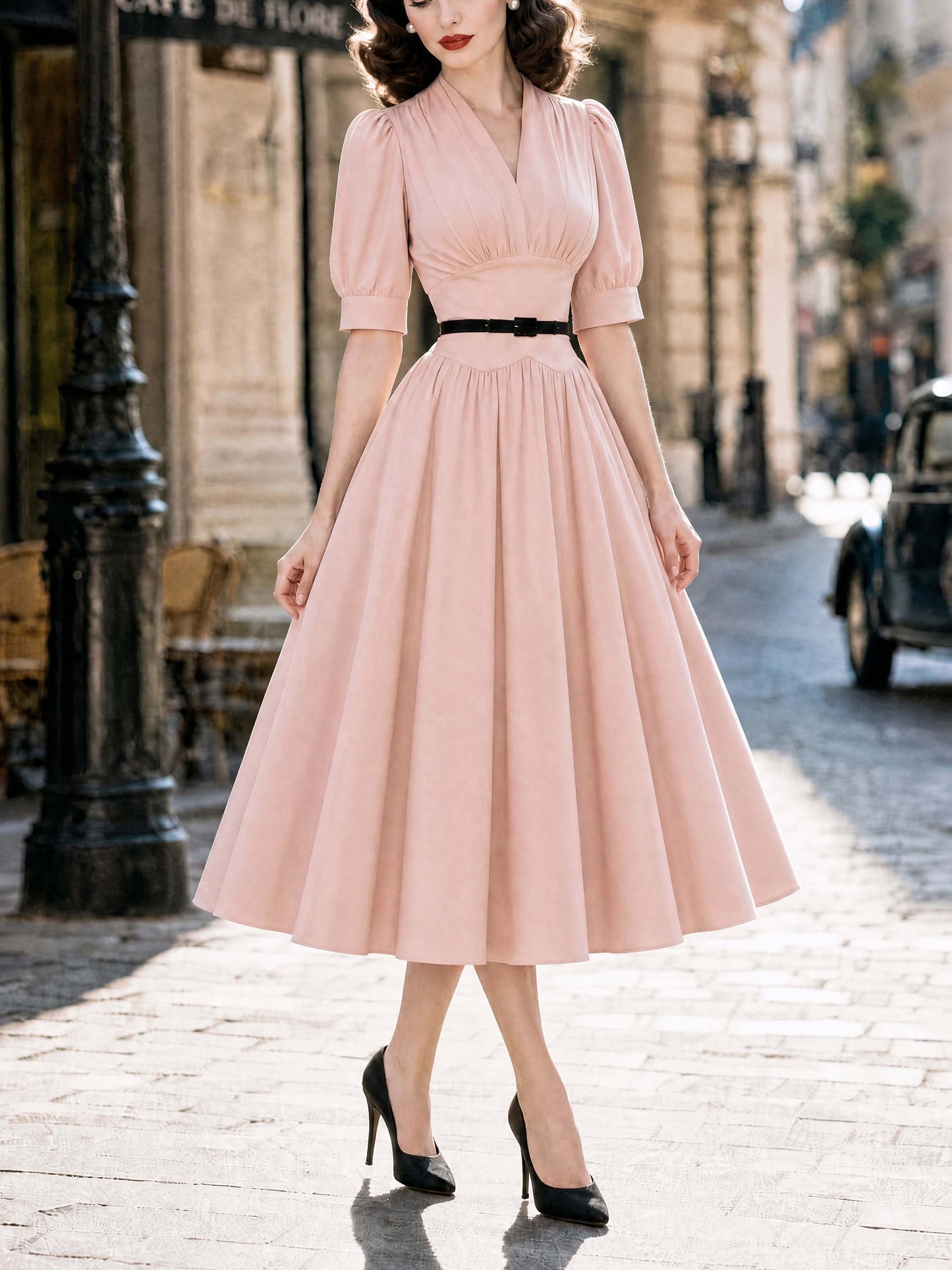 Vintage V-Neck Puff Sleeve Belted Swing Dress