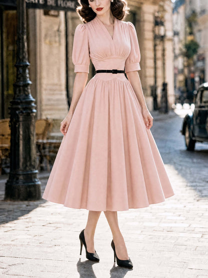 Vintage V-Neck Puff Sleeve Belted Swing Dress