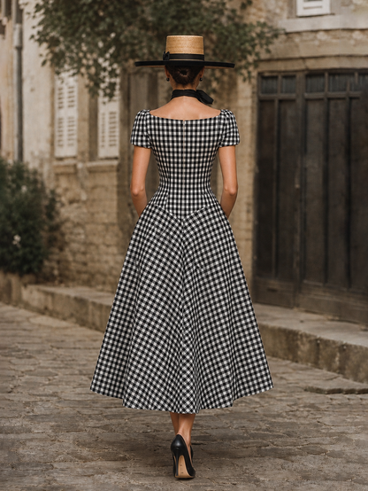 Vintage Knit Cardigan& Plaid Maxi Dress Two-Piece Set