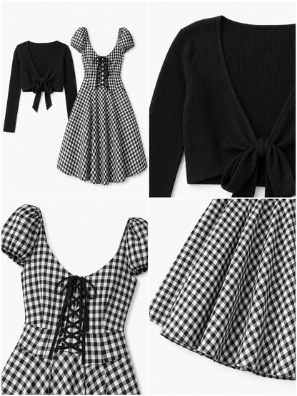 Vintage Knit Cardigan& Plaid Maxi Dress Two-Piece Set