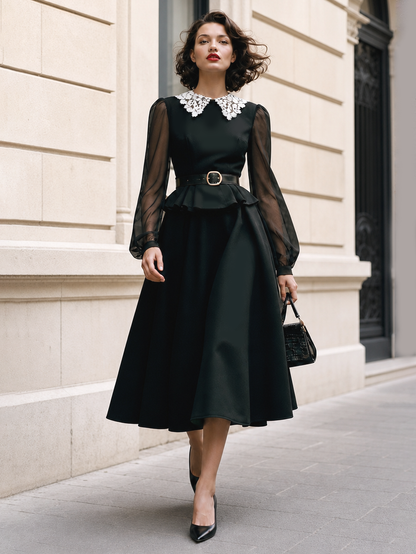 Vintage Lapel Ruffled Umbrella Midi Dress